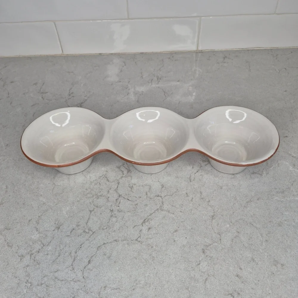 Pottery Barn Triple Condiment Server Sienna White Terracotta Trim